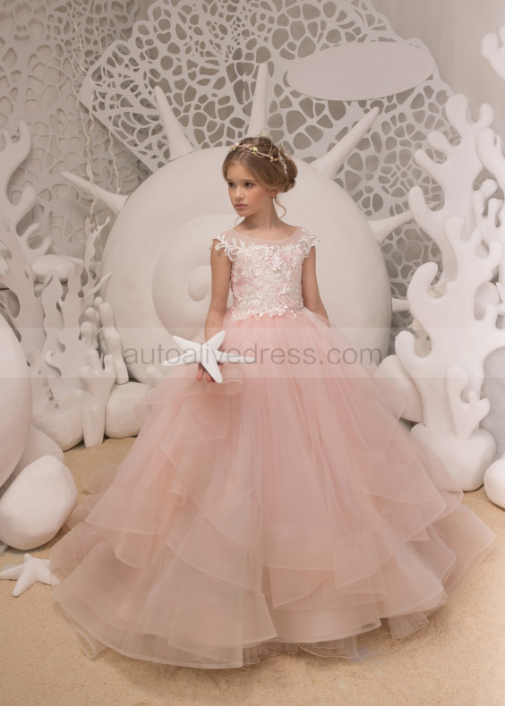 Ivory And Blush Pink Lace Tulle Flower Girl Dress With Horsehair Hem Ivory And Blush Pink Lace Tulle Flower Girl Dress With Horsehair Hem